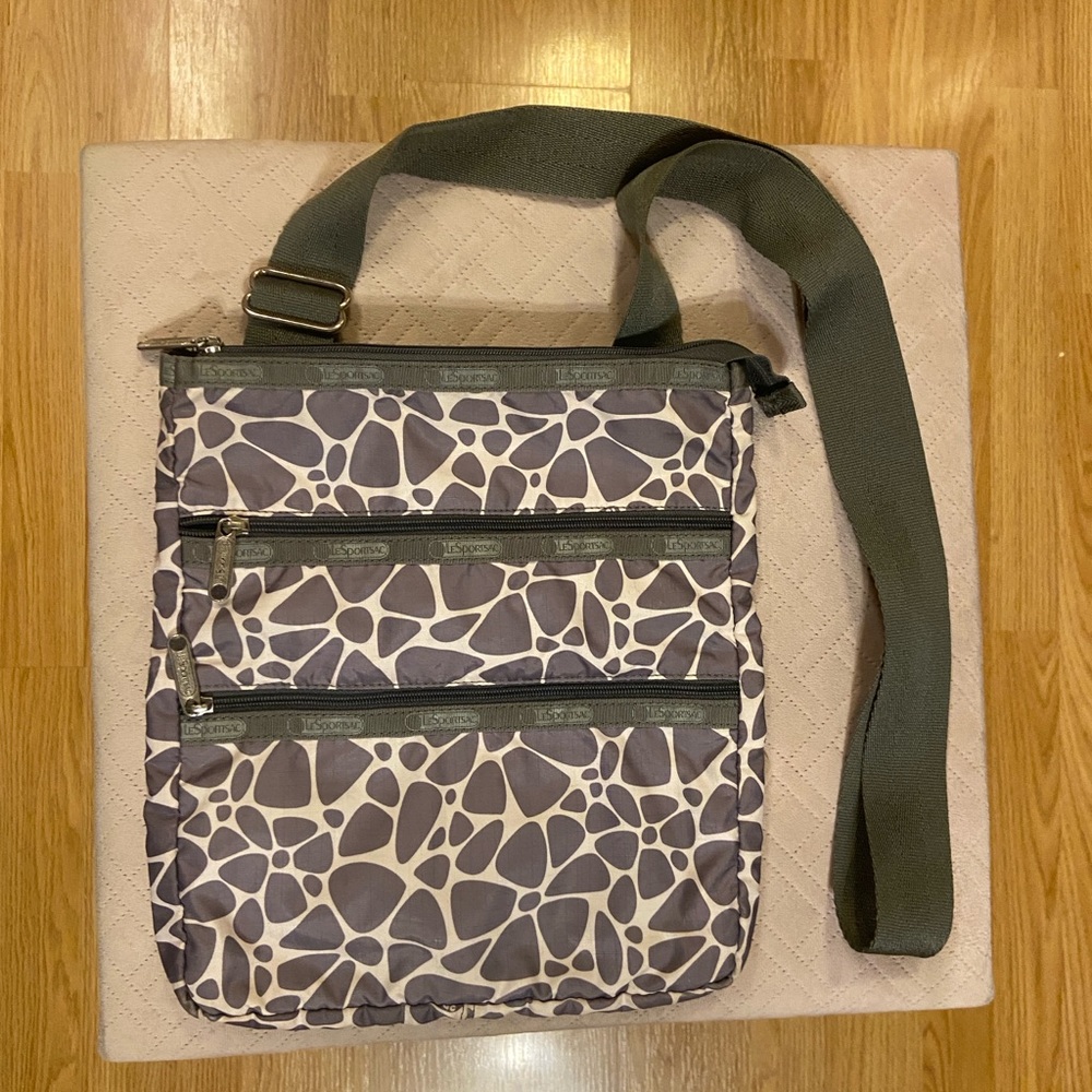 LeSportSac nylon like crossbody - beige & brown modern floral/pattern grey trim